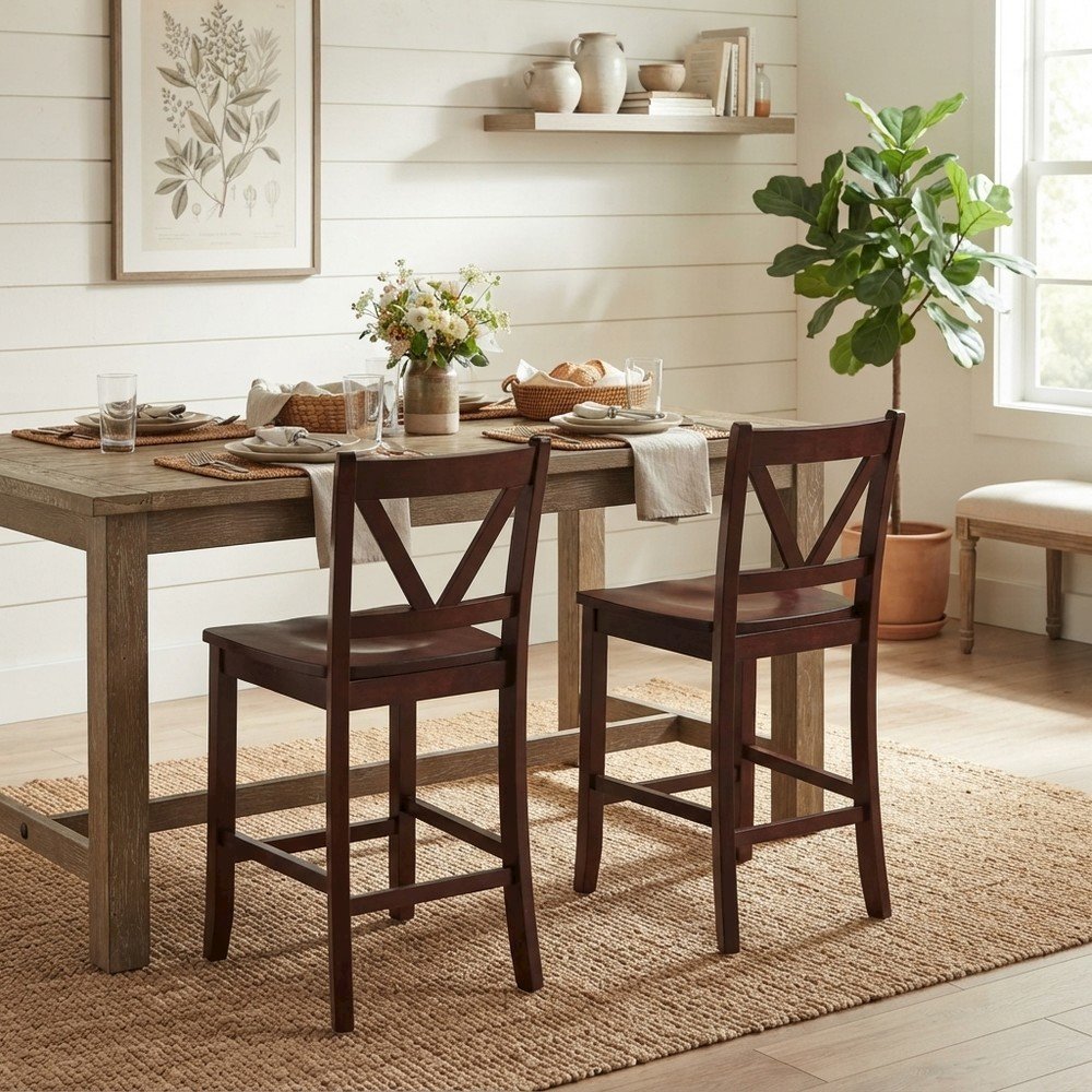 Solid Wood Counter Height Bar Stools with V-Back, Set of 2 Barstools, Walnut