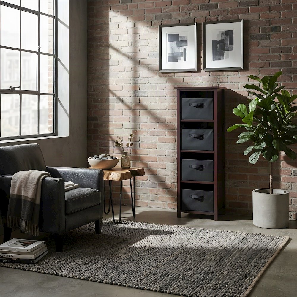 4-Section Wood Floor Cabinet with Foldable Fabric Storage Baskets, Walnut