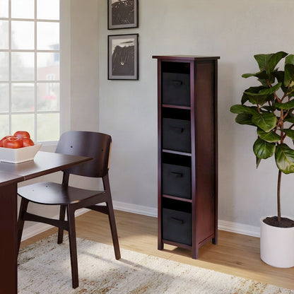 4-Section Wood Floor Cabinet with Foldable Fabric Storage Baskets, Walnut
