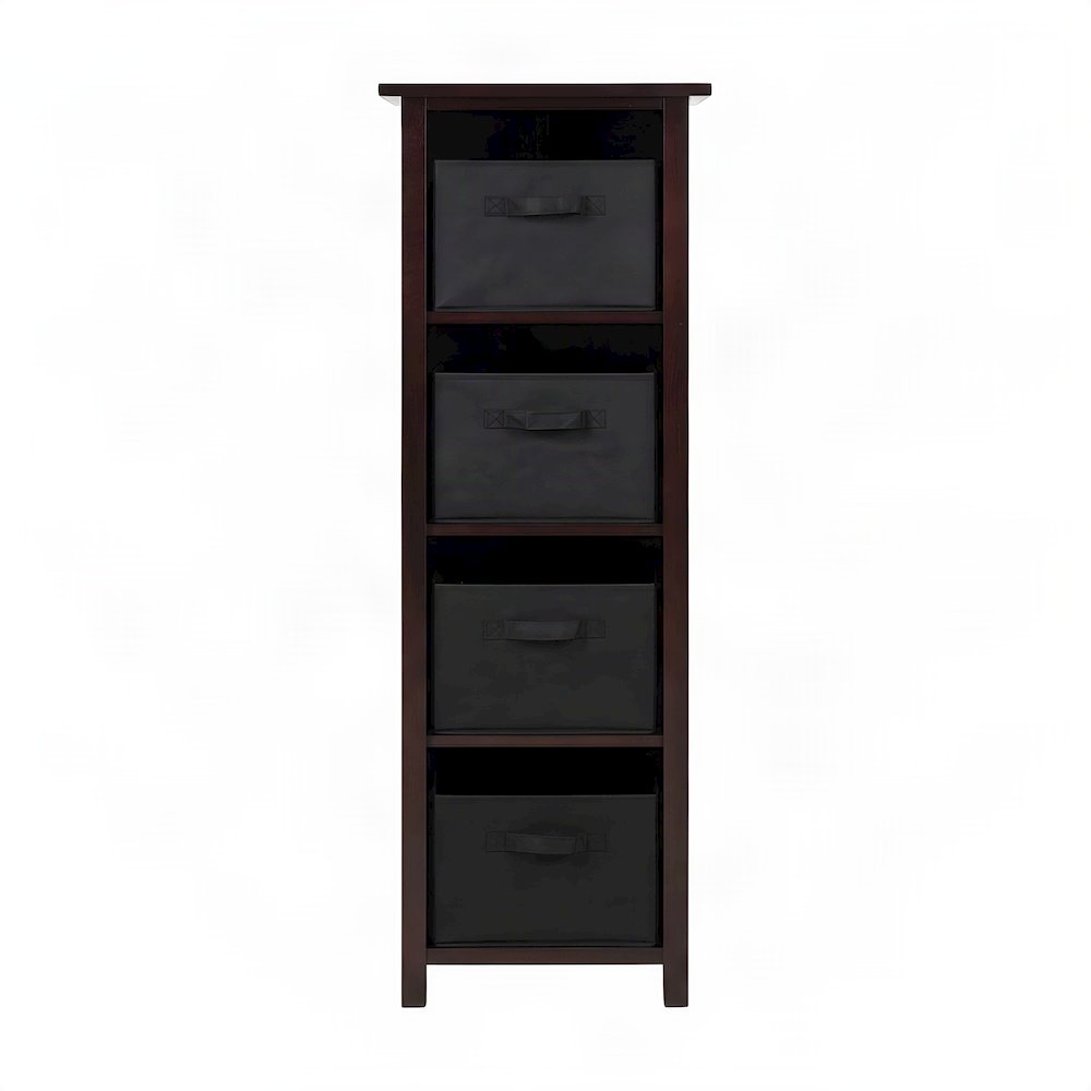 4-Section Wood Floor Cabinet with Foldable Fabric Storage Baskets, Walnut