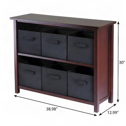 Wooden Floor Cabinet with Foldable Fabric Baskets, Office Organizer, Walnut