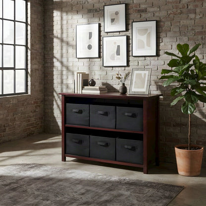 Wooden Floor Cabinet with Foldable Fabric Baskets, Office Organizer, Walnut