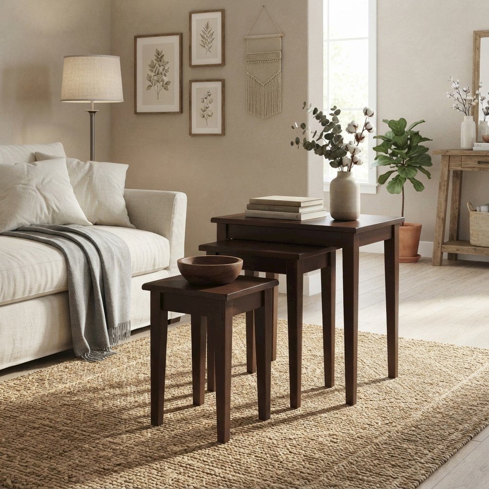 Solid Wood Nesting Side Tables, Stackable 3-Piece Set for Living Room, Walnut