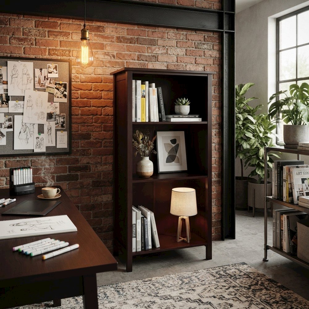Solid and Composite Wood 4-Tier Bookcase with Open Storage Shelves, Walnut