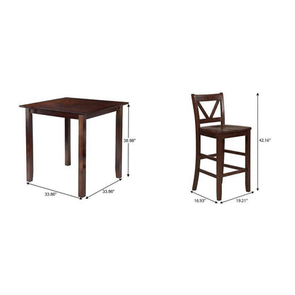 Solid Wood High Top Bar Table and Chairs Set with V-Back Stools, Walnut