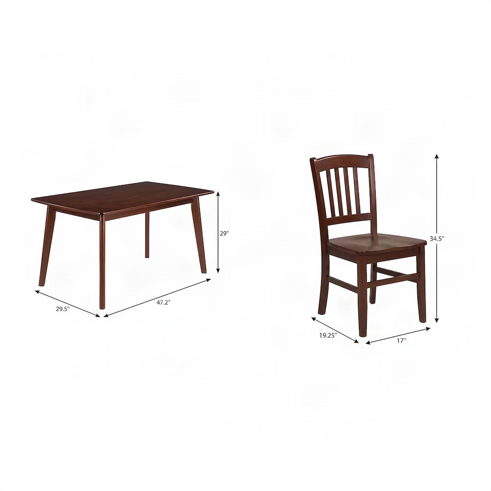 Transitional Solid Wood Dining Table Set with Slat Back Chairs, Kitchen, Walnut