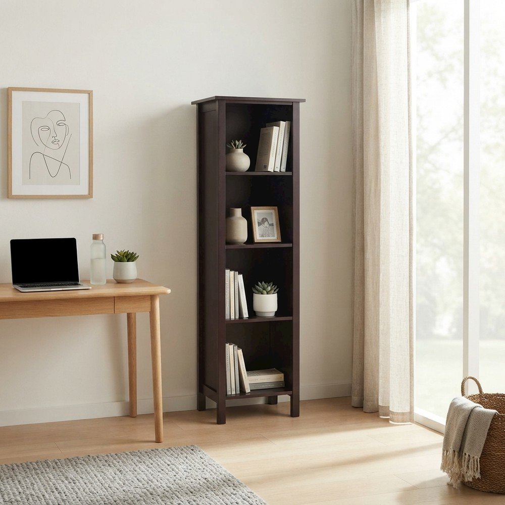 Solid Wood 5-Tier Tall Narrow Bookcase with Open Storage Shelves, Walnut