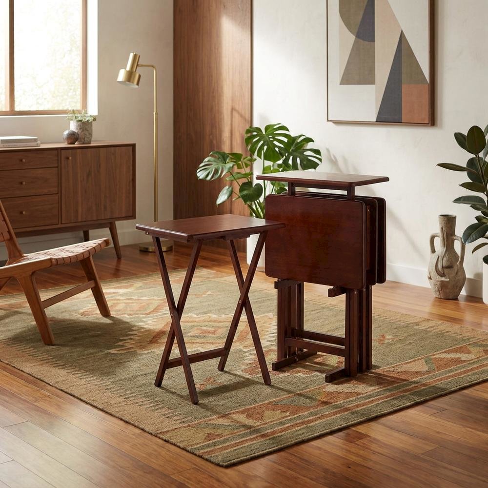 Solid Wood Folding TV Tray Tables, 5-Piece Nesting Snack Set, Walnut