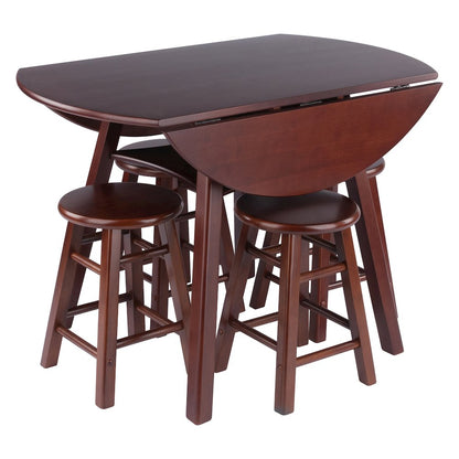 Marbelle Table 5-Pc Drop Leaf Dining Table, 4 Element 18” Dining Stools, Walnut