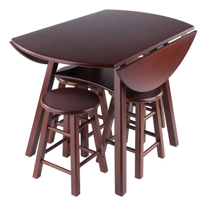 Marbelle Table 5-Pc Drop Leaf Dining Table, 4 Element 18” Dining Stools, Walnut