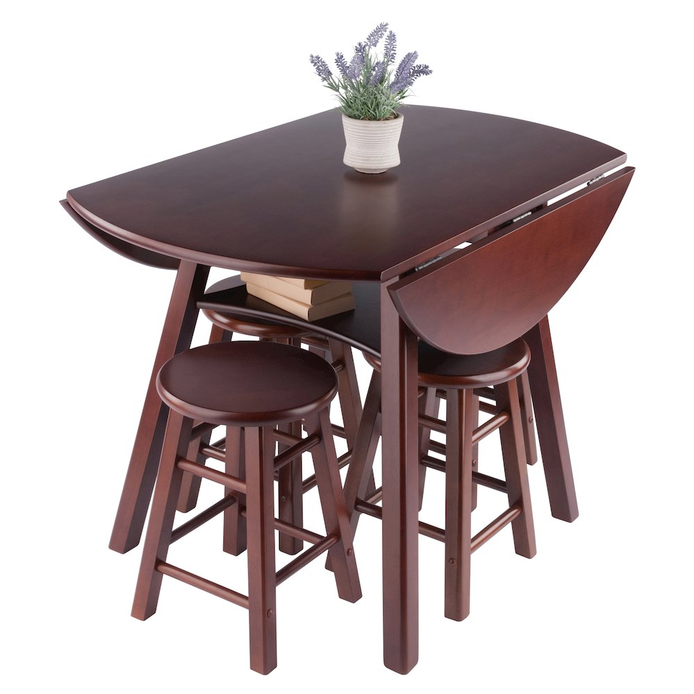 Marbelle Table 5-Pc Drop Leaf Dining Table, 4 Element 18” Dining Stools, Walnut