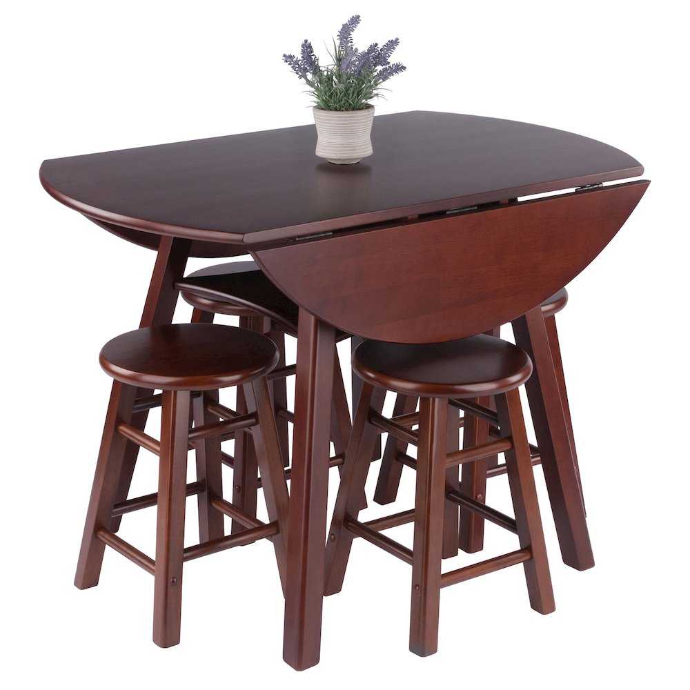 Marbelle Table 5-Pc Drop Leaf Dining Table, 4 Element 18” Dining Stools, Walnut