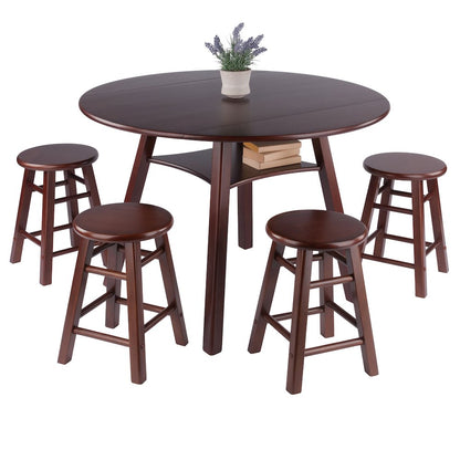 Marbelle Table 5-Pc Drop Leaf Dining Table, 4 Element 18” Dining Stools, Walnut