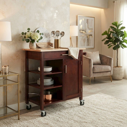 Solid Wood Rolling Kitchen Island Cart with Storage on Wheels, Walnut