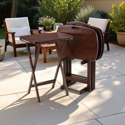 Walnut Snack Table Set – Folding TV Trays with Stand for Dining & Work