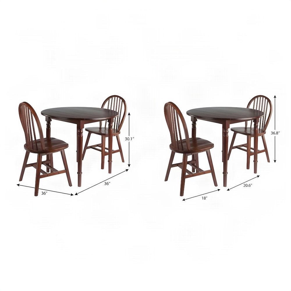 Solid Wood Drop Leaf Dining Table Set with Windsor Chairs, Walnut, 3 Piece Set