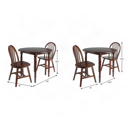 Solid Wood Drop Leaf Dining Table Set with Windsor Chairs, Walnut, 3 Piece Set