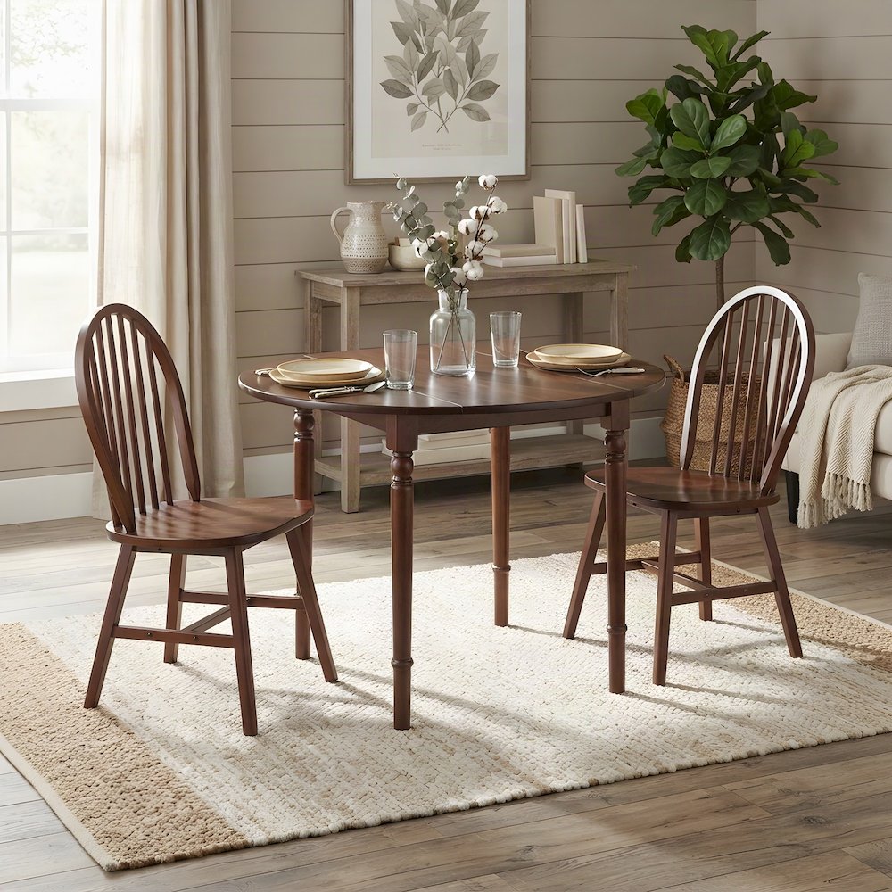 Solid Wood Drop Leaf Dining Table Set with Windsor Chairs, Walnut, 3 Piece Set