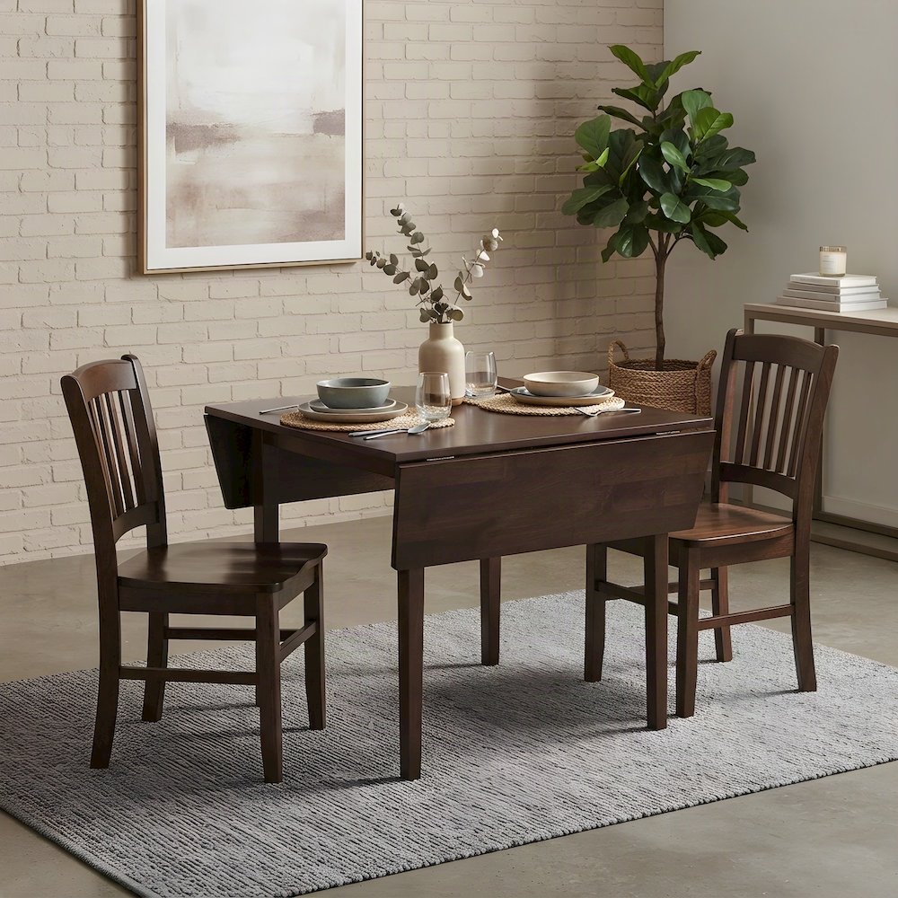 Wood Drop Leaf Extendable Dining Table and Chairs 3 Piece Set, Walnut