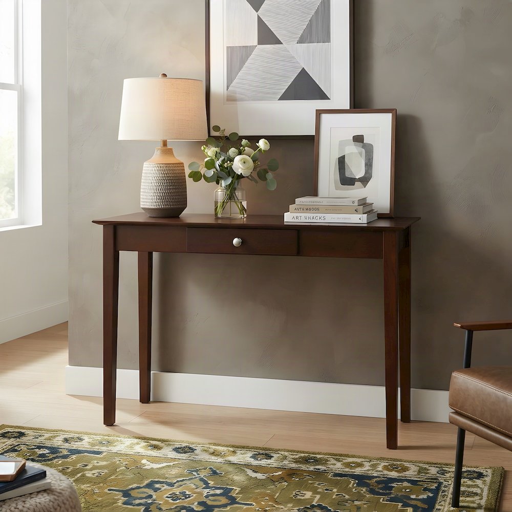 Solid Wood Shaker-Style Console Table with Drawer, Narrow Foyer Table, Walnut