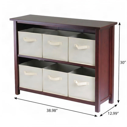 Wooden Floor Cabinet with Foldable Fabric Baskets, Office Organizer, Walnut