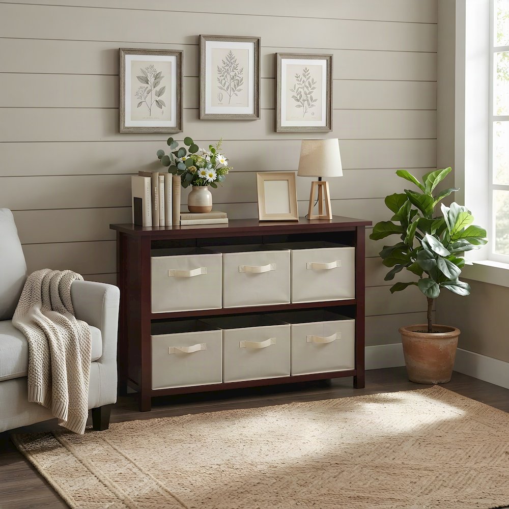 Wooden Floor Cabinet with Foldable Fabric Baskets, Office Organizer, Walnut