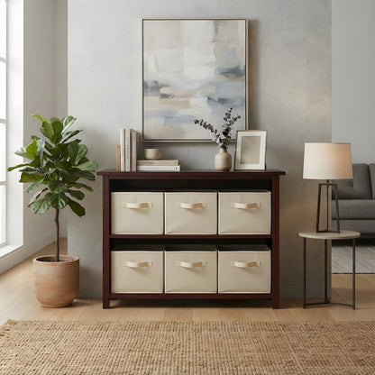 Wooden Floor Cabinet with Foldable Fabric Baskets, Office Organizer, Walnut