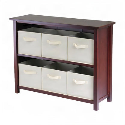 Wooden Floor Cabinet with Foldable Fabric Baskets, Office Organizer, Walnut