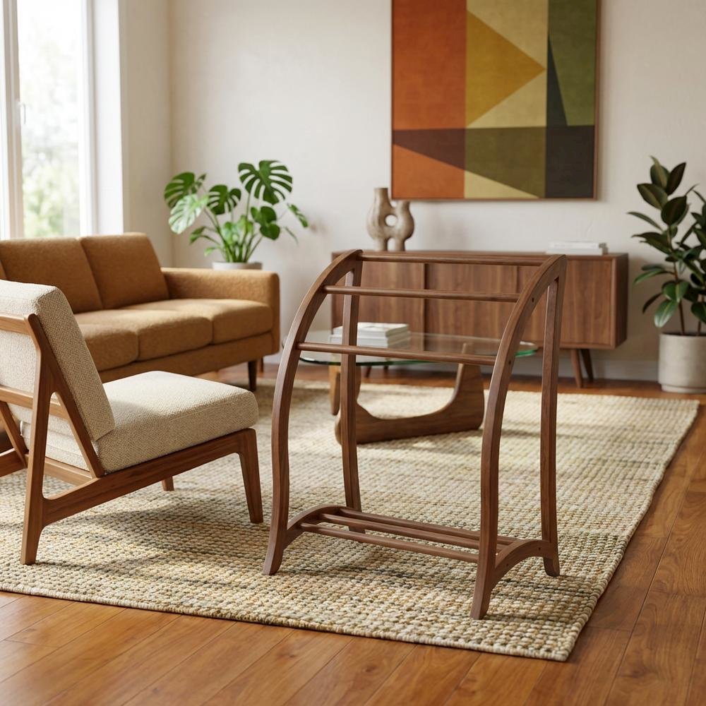 Solid Wood Blanket Rack Stand, Living Room Blanket Holder In Walnut Finish