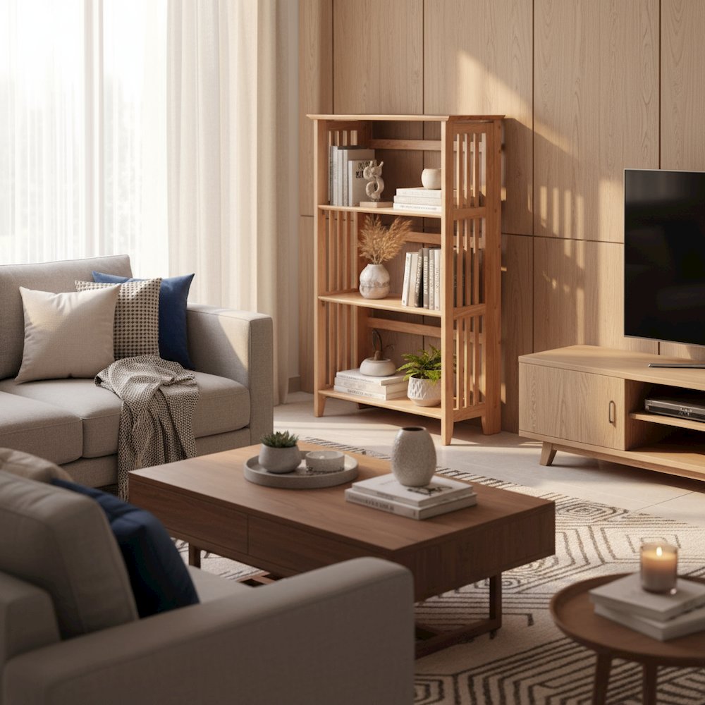 Solid Wood Folding Bookshelf in Natural Brown with 4 Tier Open Shelves
