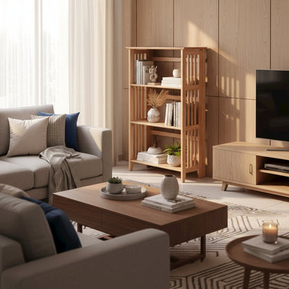 Solid Wood Folding Bookshelf in Natural Brown with 4 Tier Open Shelves