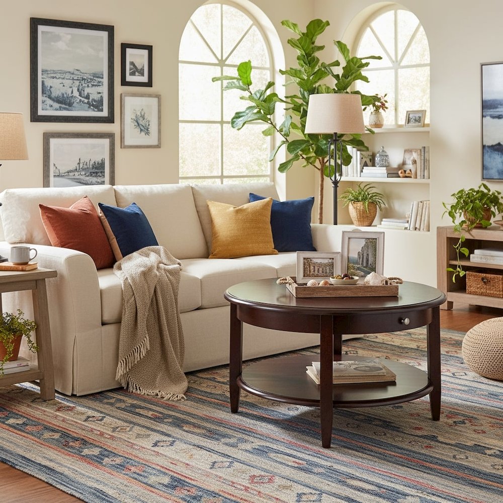 Round Coffee Table with Drawer & Shelf, Walnut Finish