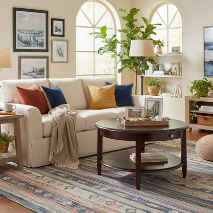 Round Coffee Table with Drawer & Shelf, Walnut Finish