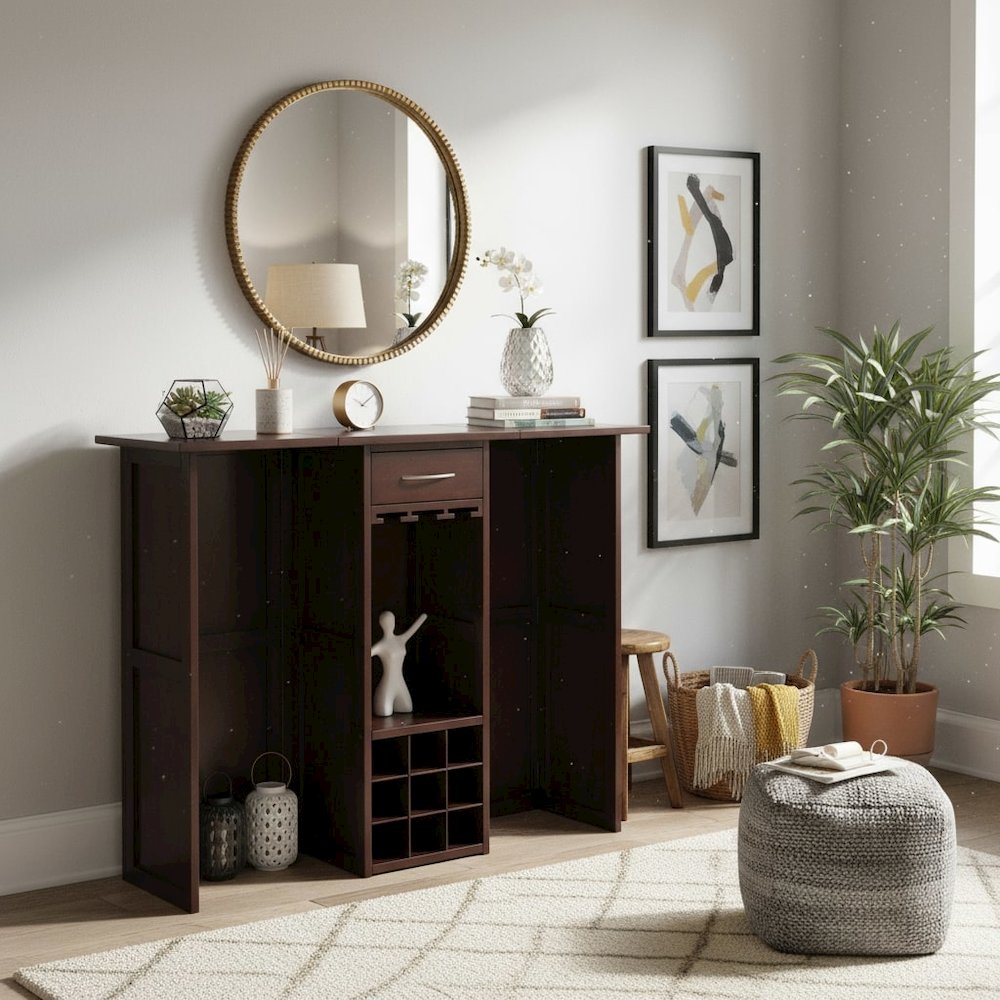 Wine Bar Cabinet, Walnut Finish, Nine Bottle Storage, Glasses Rack, Solid Wood