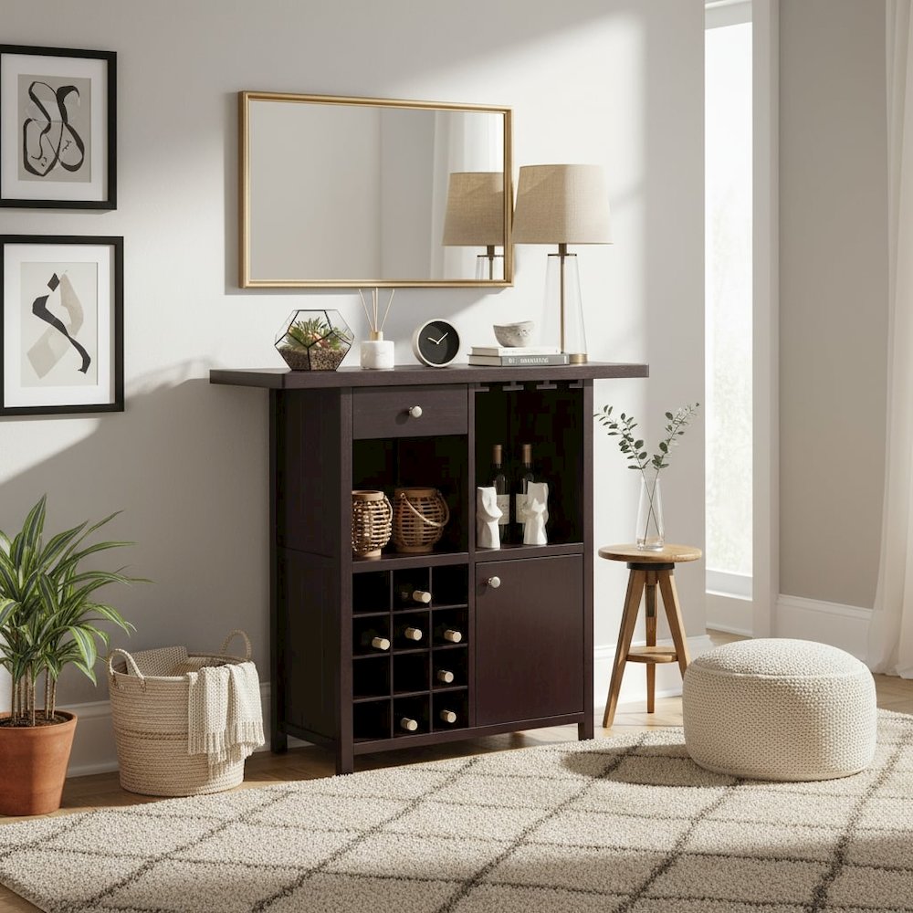 Wine Cabinet, Brown Solid Wood, 12 Bottle Rack, Storage Drawer, Two Shelves