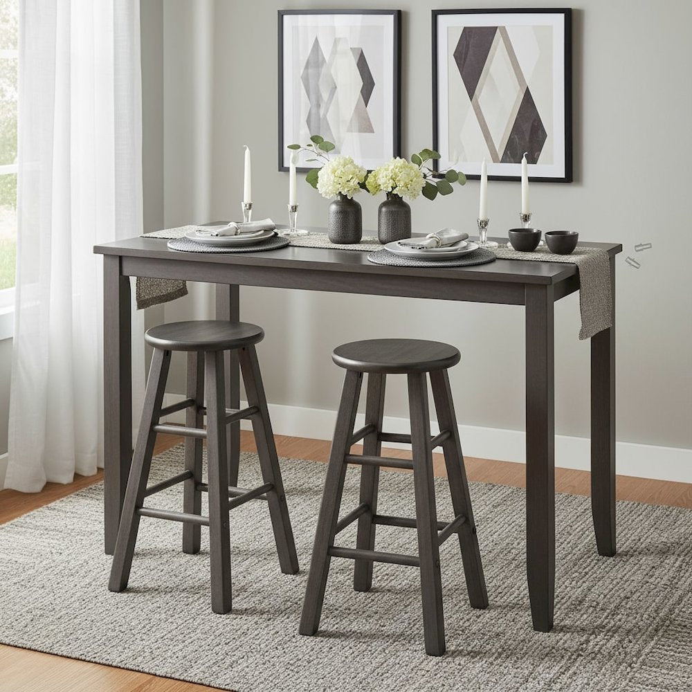 2-PC Counter Stool Set, Solid Wood, Round Seat, Squared Legs, 24 Inch Height