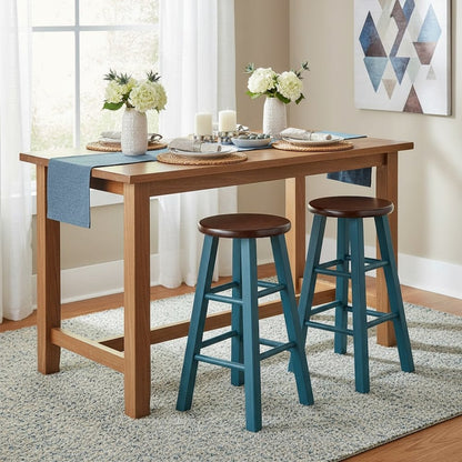24" Rustic Teal Counter Stool, Round Solid Wood Seat, Fully Assembled