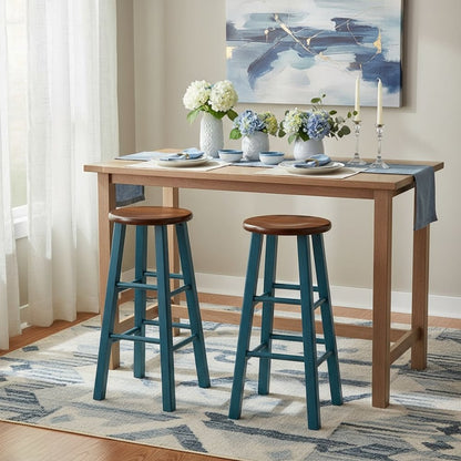29" Rustic Teal Bar Stool, Round Solid Wood Seat, Fully Assembled