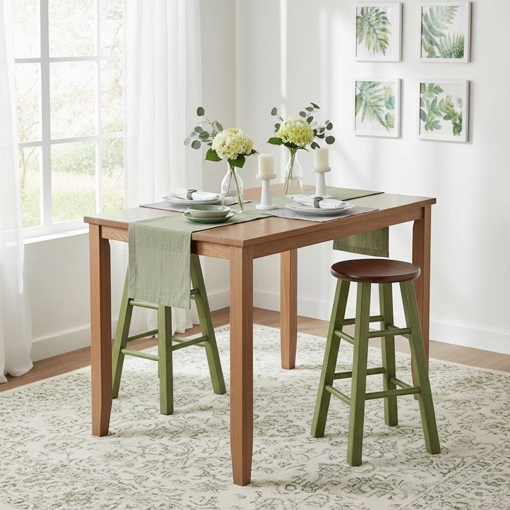 24" Rustic Green Counter Stool, Round Solid Wood Seat, Fully Assembled