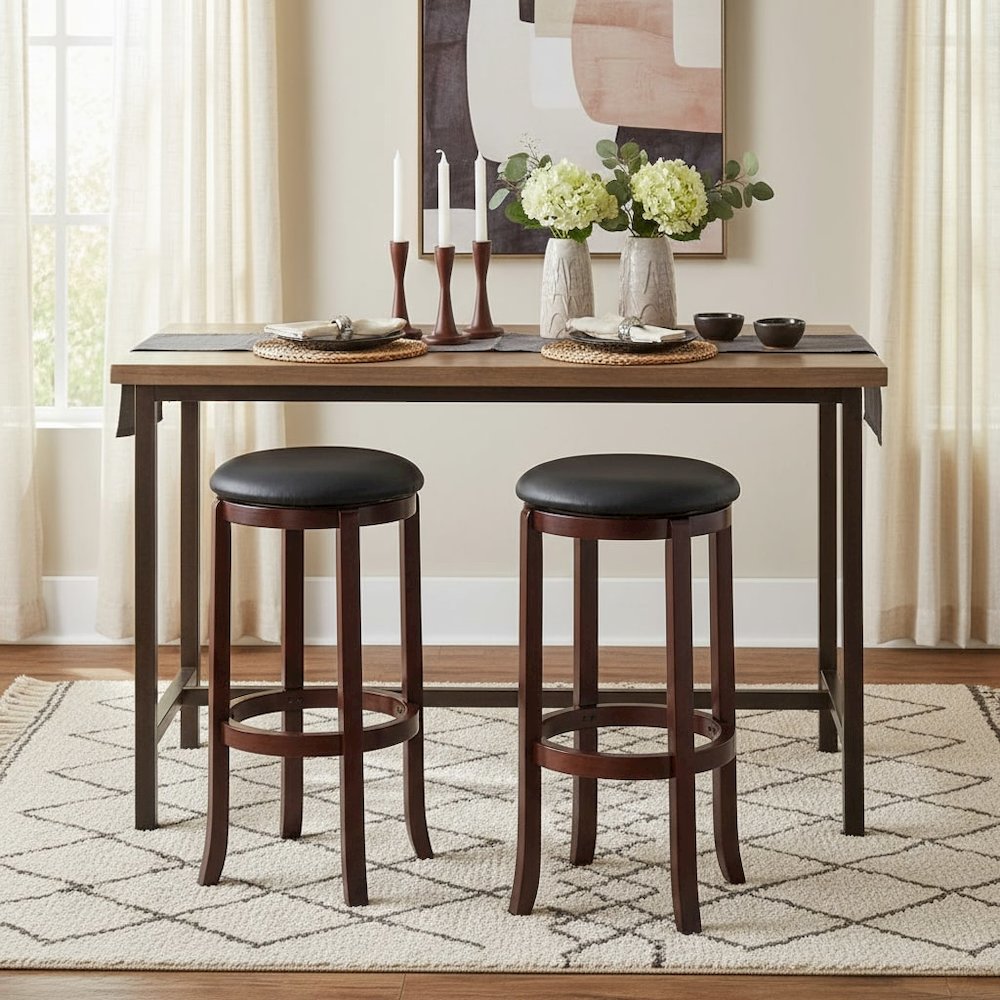 Bar Stool, Brown Solid Wood, Swivel Cushioned PVC Seat, 30 Inch Height