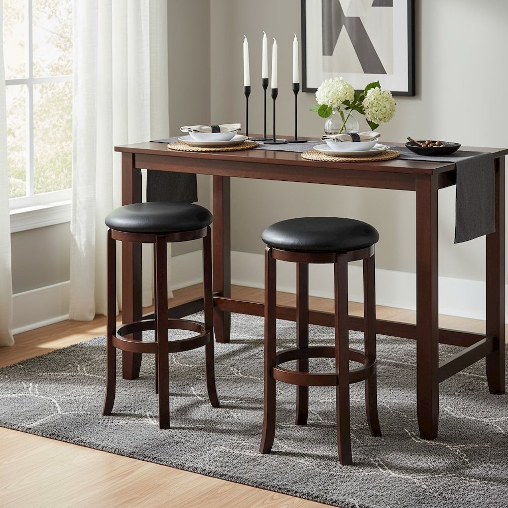 Bar Stool, Brown Solid Wood, Swivel Cushioned PVC Seat, 30 Inch Height