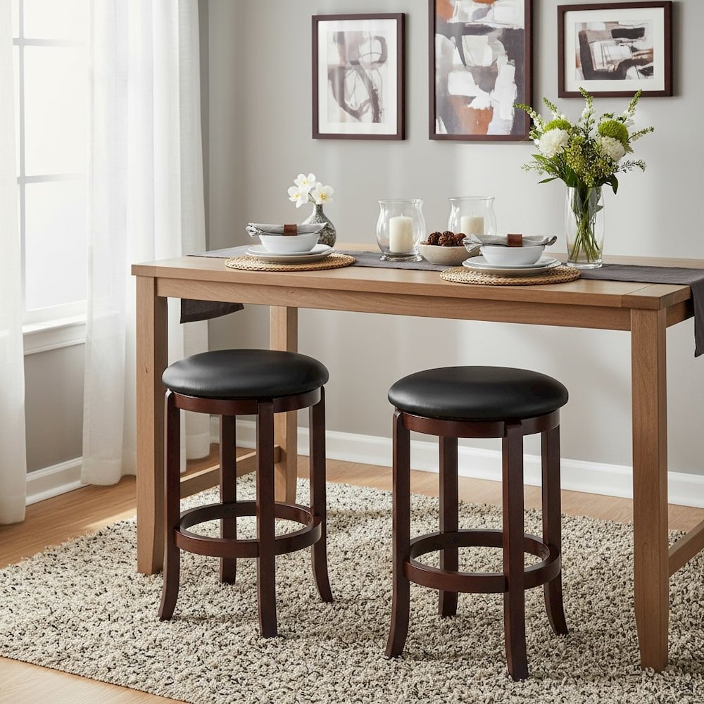 Swivel Counter Stool, Black Seat, Solid Wood Walnut Finish, 24 Inch Height