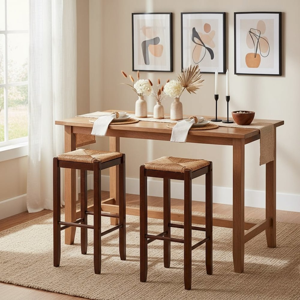 2-Piece Bar Stool Set, Rush Woven Seat, 29 Inch Height, Solid Wood, Brown