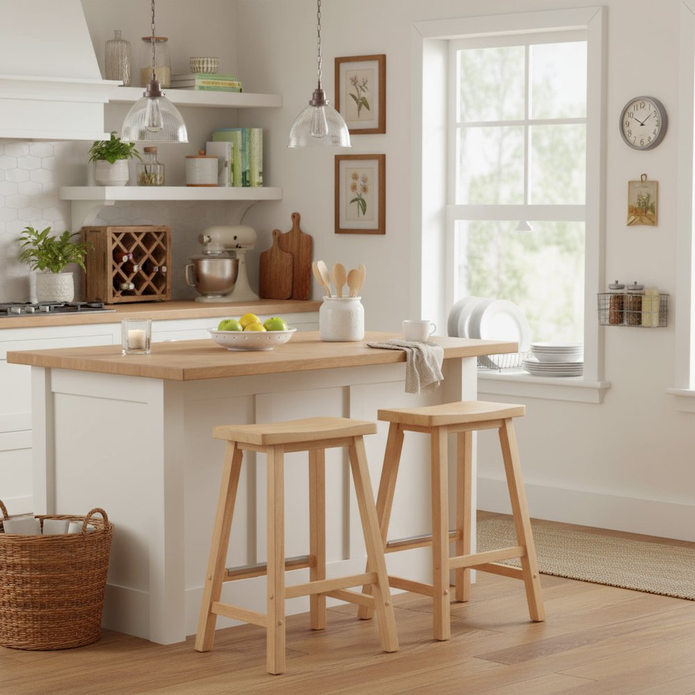 Natural Solid Wood Saddle Seat Bar Stool, 24 Inch Stool for Counter Dining