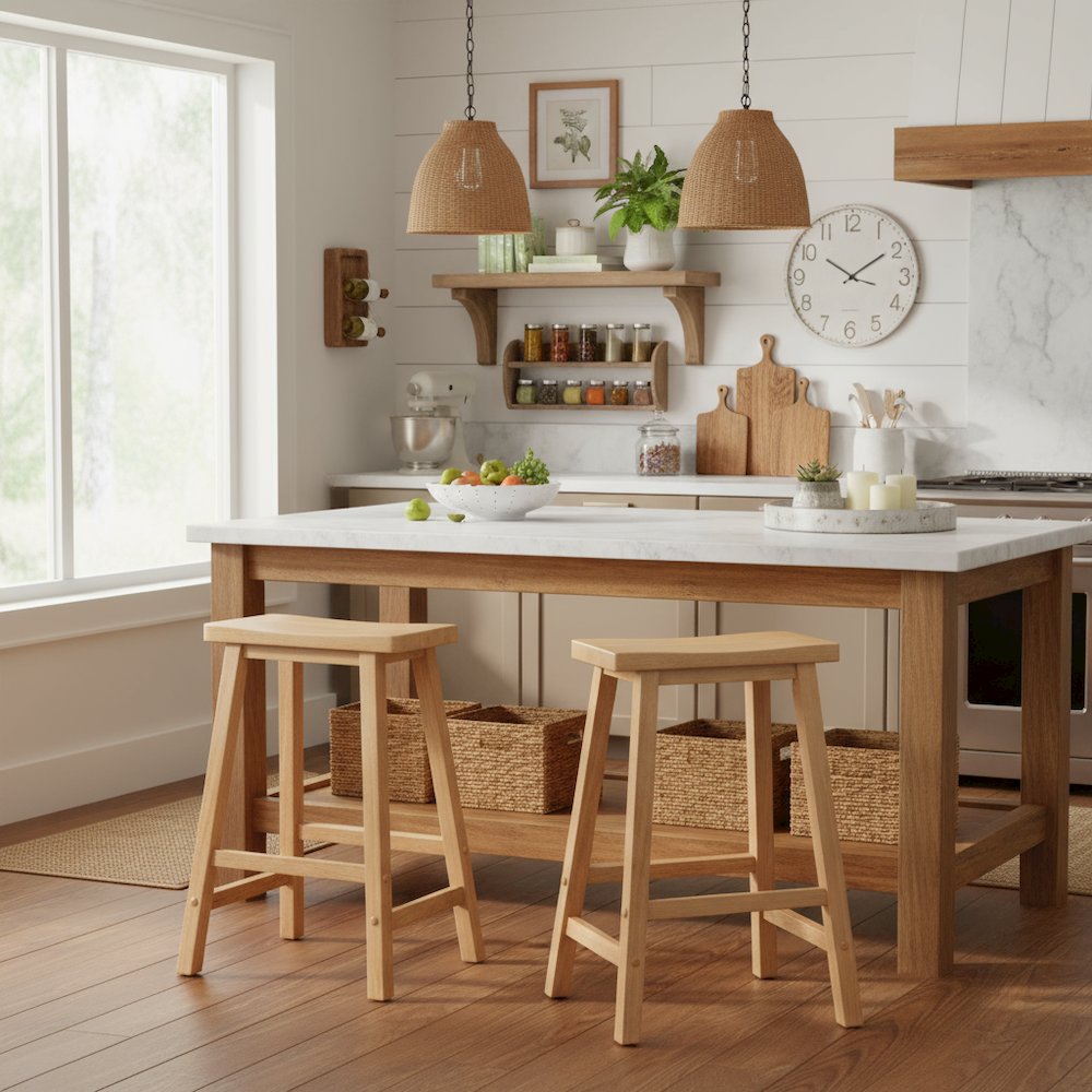 Natural Solid Wood Saddle Seat Bar Stool, 24 Inch Stool for Counter Dining