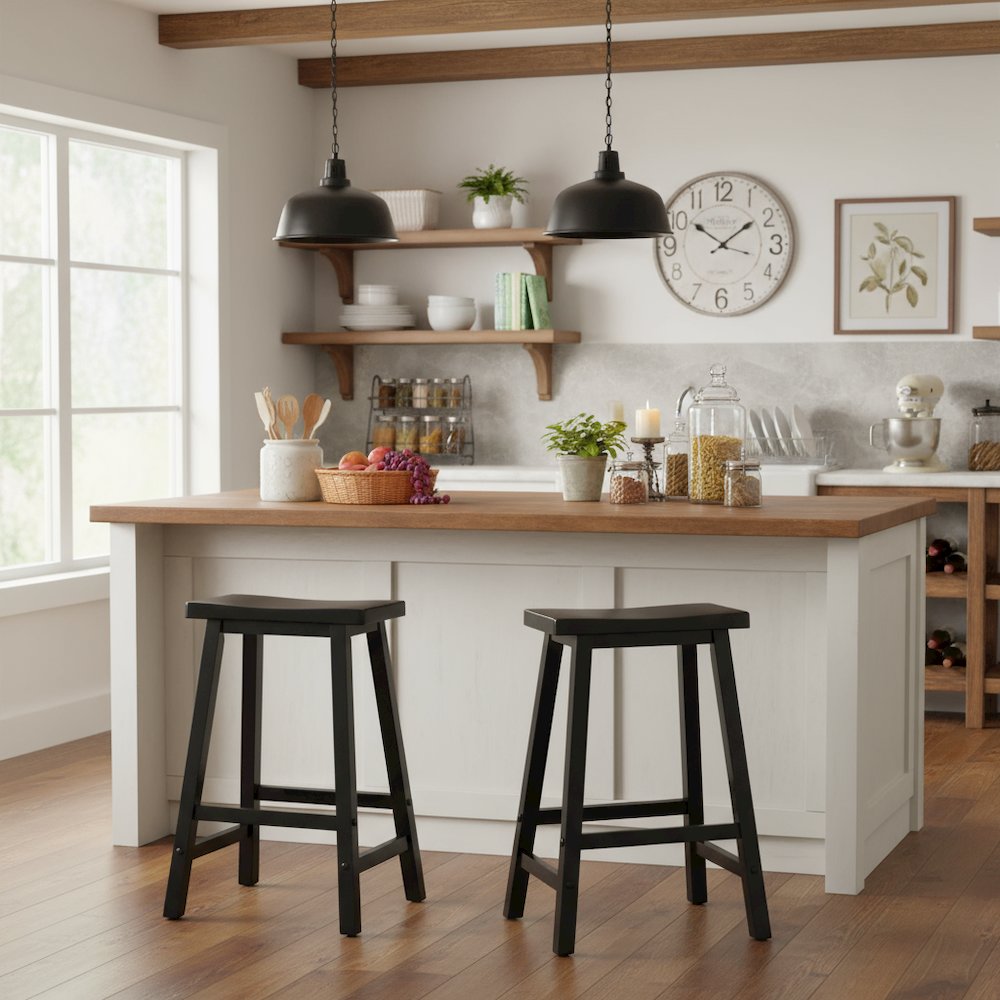 Black Solid Wood Saddle Seat Bar Stool, 24 Inch Stool for Counter Dining