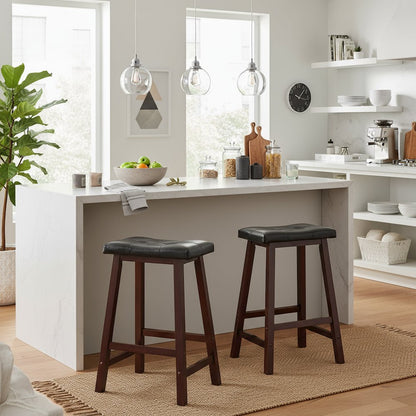 Black Faux Leather Saddle Seat Bar Stool, 24 Inch Counter Height Kitchen Stool
