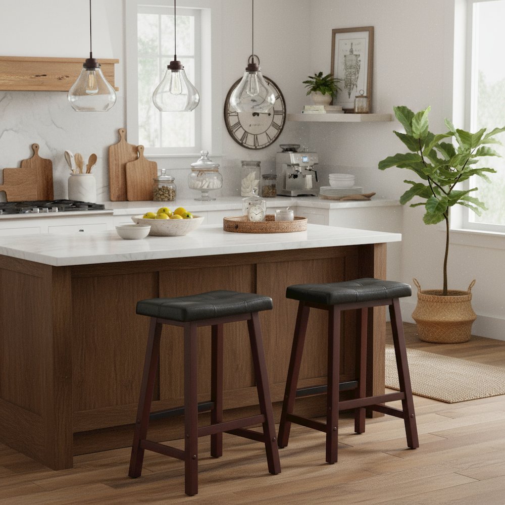 Black Faux Leather Saddle Seat Bar Stool, 24 Inch Counter Height Kitchen Stool