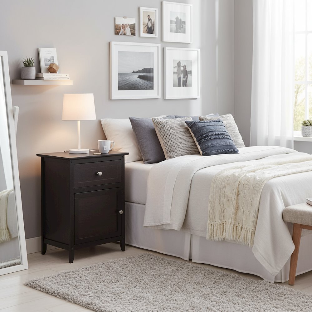 Farmhouse End Table With Storage Espresso Finish, Wooden Side Table And Drawer