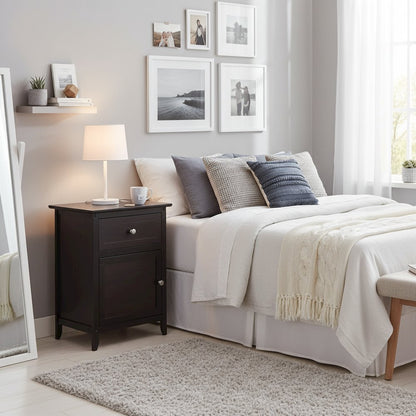 Farmhouse End Table With Storage Espresso Finish, Wooden Side Table And Drawer